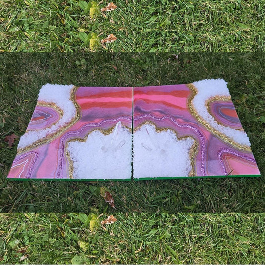 Geode Resin Art: Clear Quartz Towers, Two piece Art - 11x12 each , Pink, Purple colors