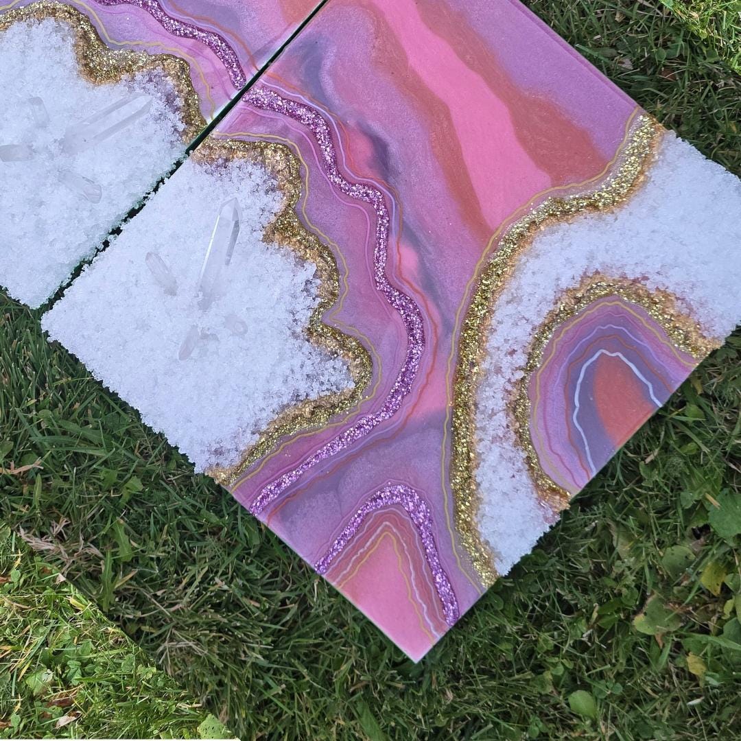 Geode Resin Art: Clear Quartz Towers, Two piece Art - 11x12 each , Pink, Purple colors