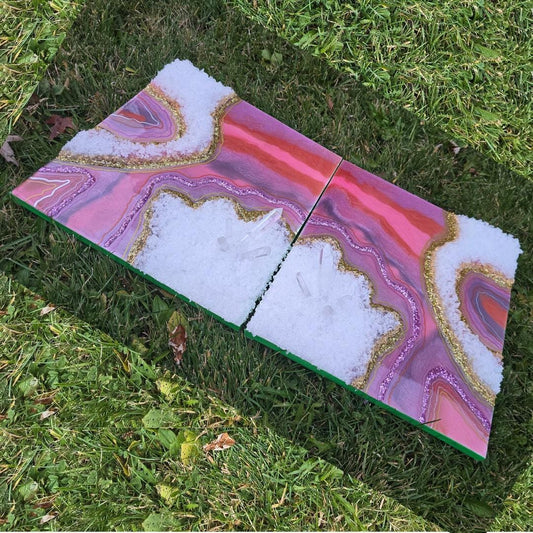 Geode Resin Art: Clear Quartz Towers, Two piece Art - 11x12 each , Pink, Purple colors