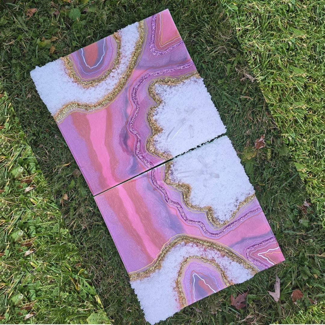 Geode Resin Art: Clear Quartz Towers, Two piece Art - 11x12 each , Pink, Purple colors