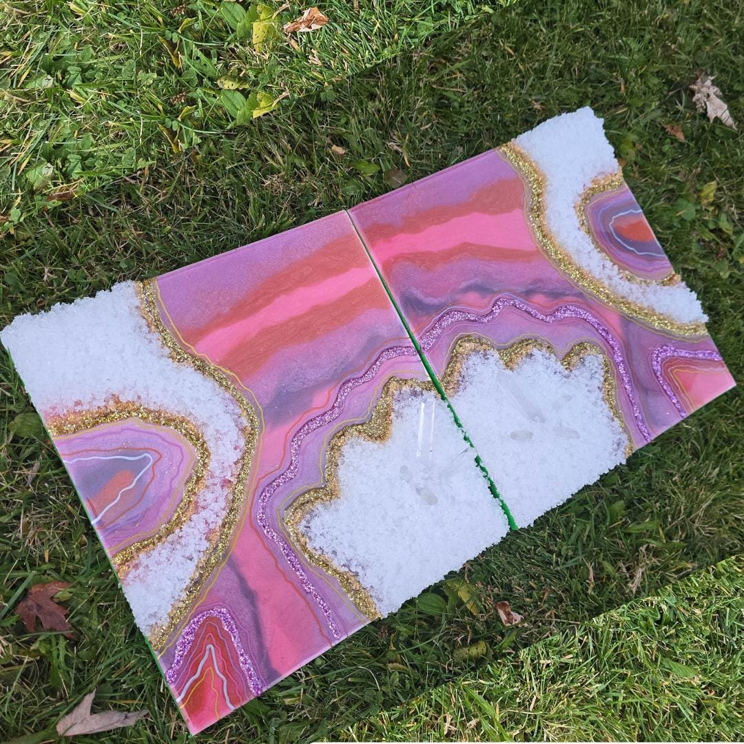 Geode Resin Art: Clear Quartz Towers, Two piece Art - 11x12 each , Pink, Purple colors