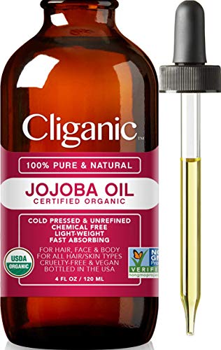 USDA Organic Jojoba Oil, 100% Pure (120ml Large) | Natural Cold Pressed Unrefined Hexane Free Oil for Hair, Face, Nails & Cuticles | Carrier Oil - Certified Organic | Cliganic 90 Days Warranty