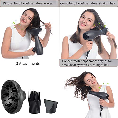 NITION Ceramic Hair Dryer with Diffuser,Comb & Nozzle Attachments,1875 Watt Negative Ions Ionic Blow Dryer for Quick Drying,3 Heat & 2 Speed Settings,Cool Shot Button,Black