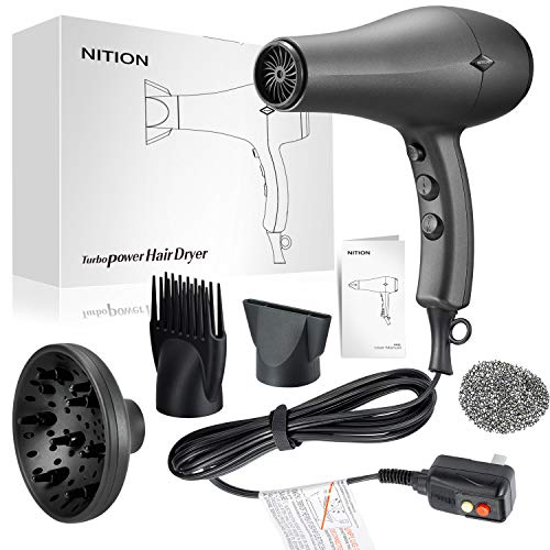 NITION Ceramic Hair Dryer with Diffuser,Comb & Nozzle Attachments,1875 Watt Negative Ions Ionic Blow Dryer for Quick Drying,3 Heat & 2 Speed Settings,Cool Shot Button,Black