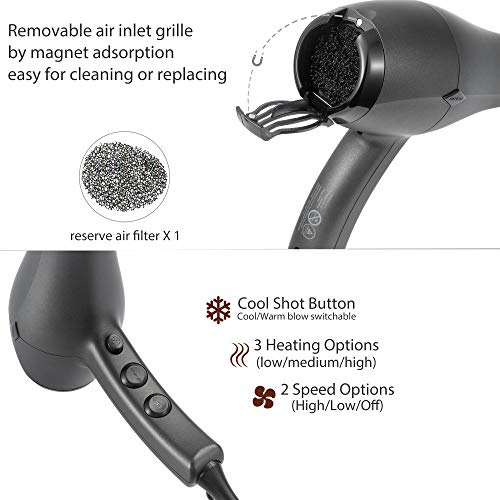 NITION Ceramic Hair Dryer with Diffuser,Comb & Nozzle Attachments,1875 Watt Negative Ions Ionic Blow Dryer for Quick Drying,3 Heat & 2 Speed Settings,Cool Shot Button,Black