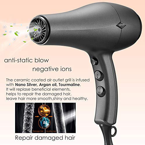 NITION Ceramic Hair Dryer with Diffuser,Comb & Nozzle Attachments,1875 Watt Negative Ions Ionic Blow Dryer for Quick Drying,3 Heat & 2 Speed Settings,Cool Shot Button,Black